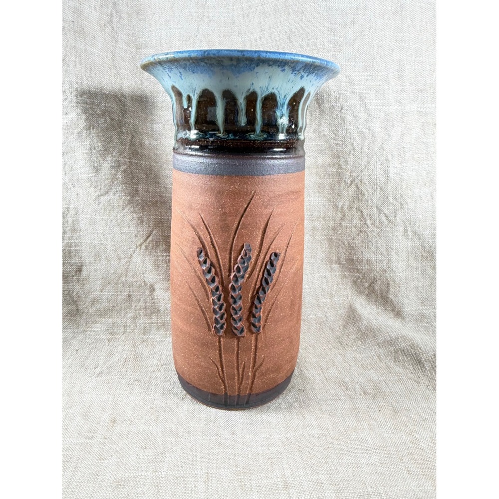 Vintage Studio Pottery Vase | Hand Thrown Wheat Vase | Earthy Blue Brown Ceramic